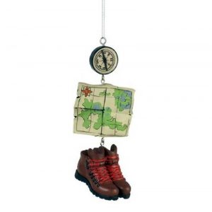 Hiking Christmas Tree Ornament Features Hiking Boots, a Compass and a Map